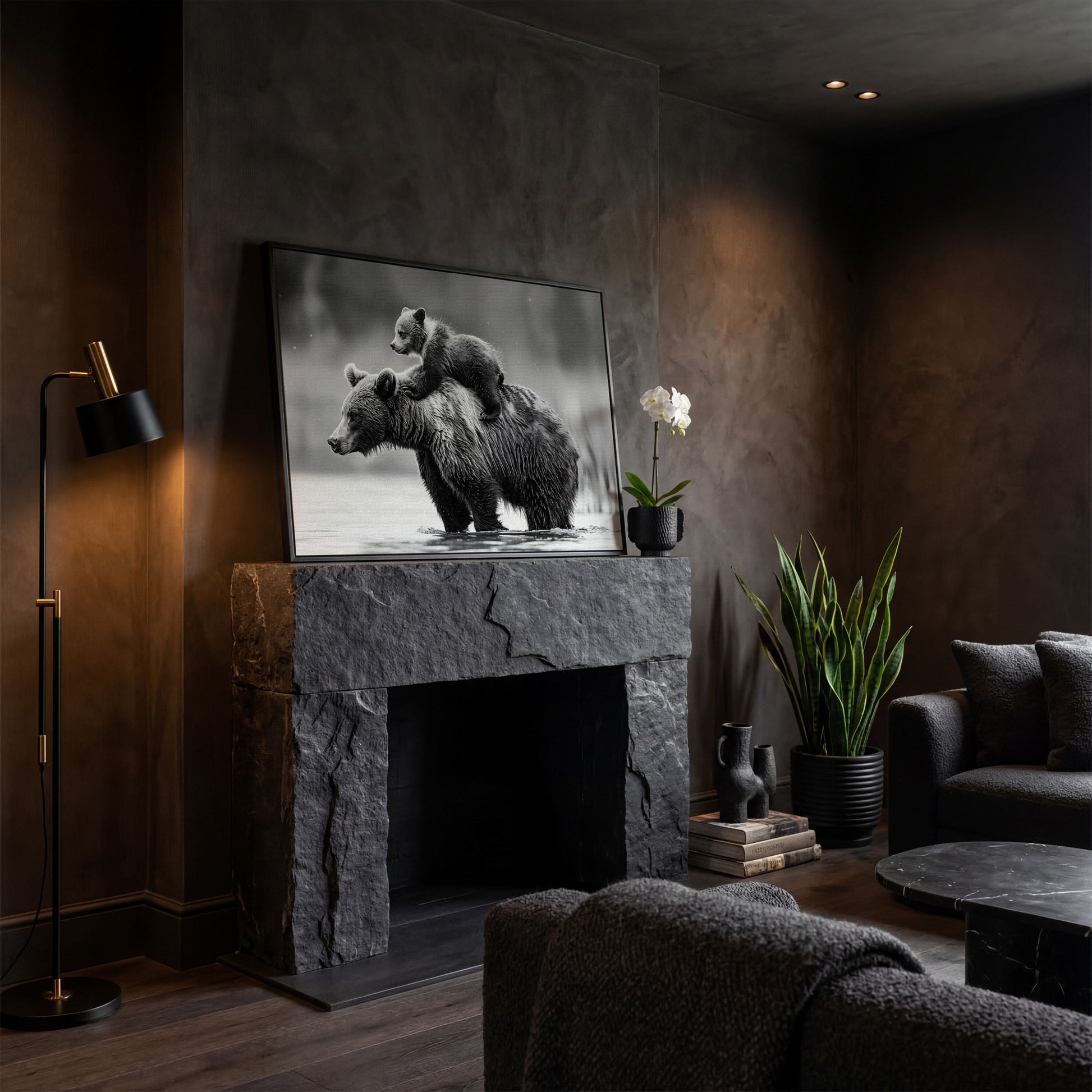 Grizzly Bear and Cub Canvas Print in black floating frame