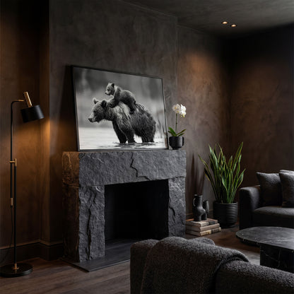 Grizzly Bear and Cub Canvas Print in black floating frame