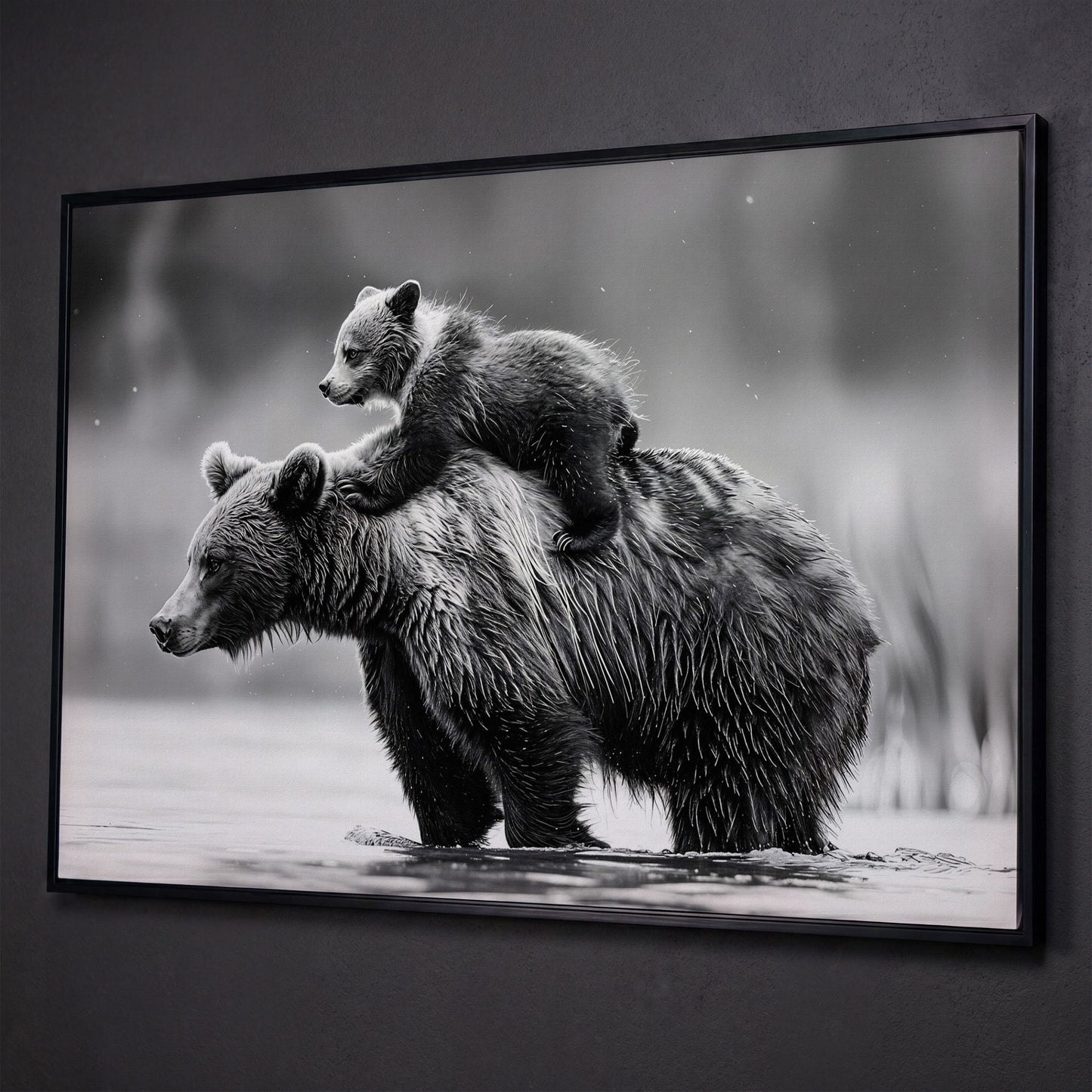 Grizzly Bear and Cub Canvas Print shown in black floating frame