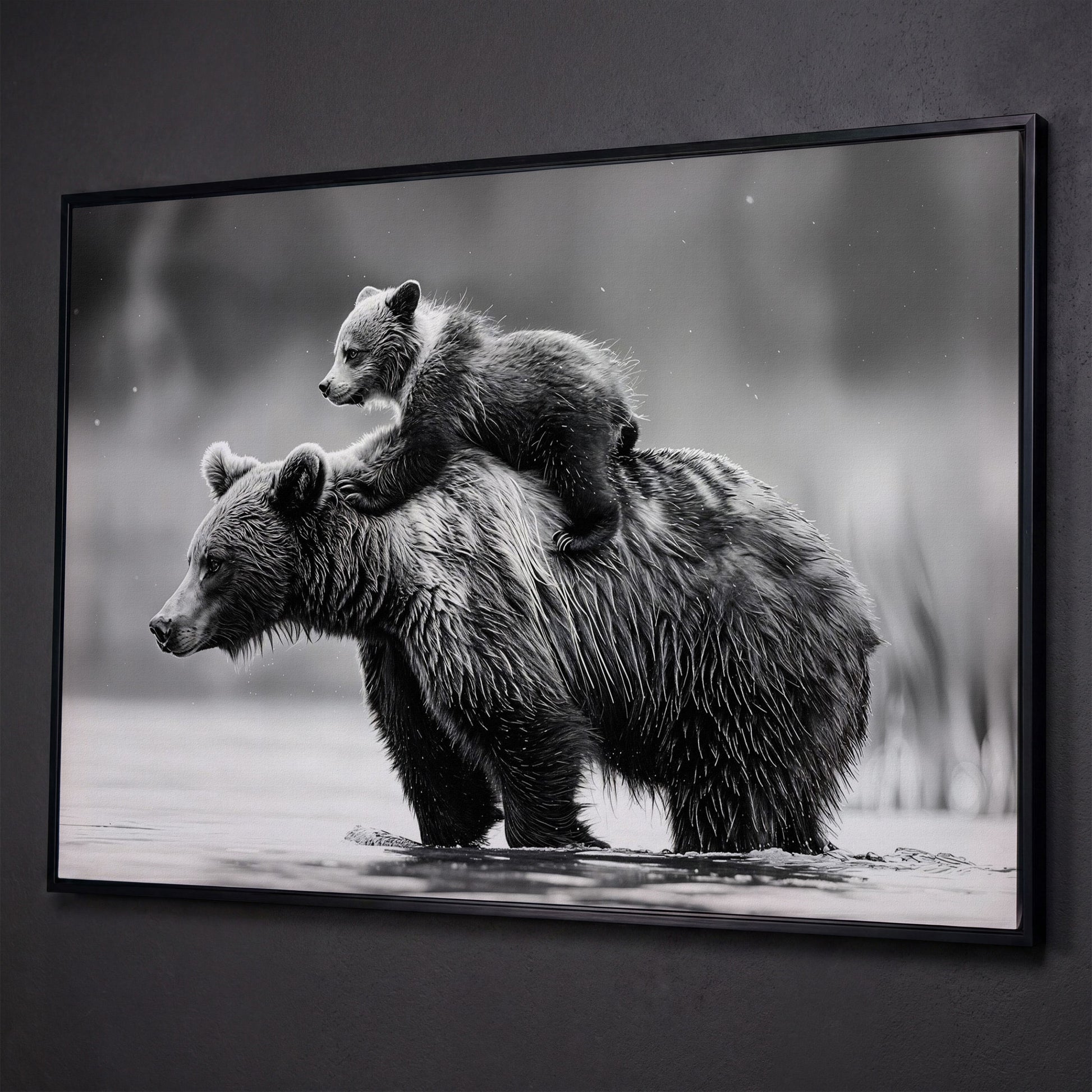 Grizzly Bear and Cub Canvas Print shown in black floating frame