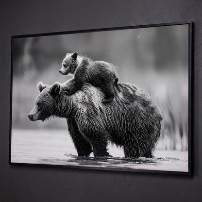 Grizzly Bear and Cub Canvas Print shown in black floating frame
