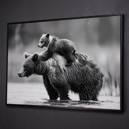 Grizzly Bear and Cub Canvas Print shown in black floating frame