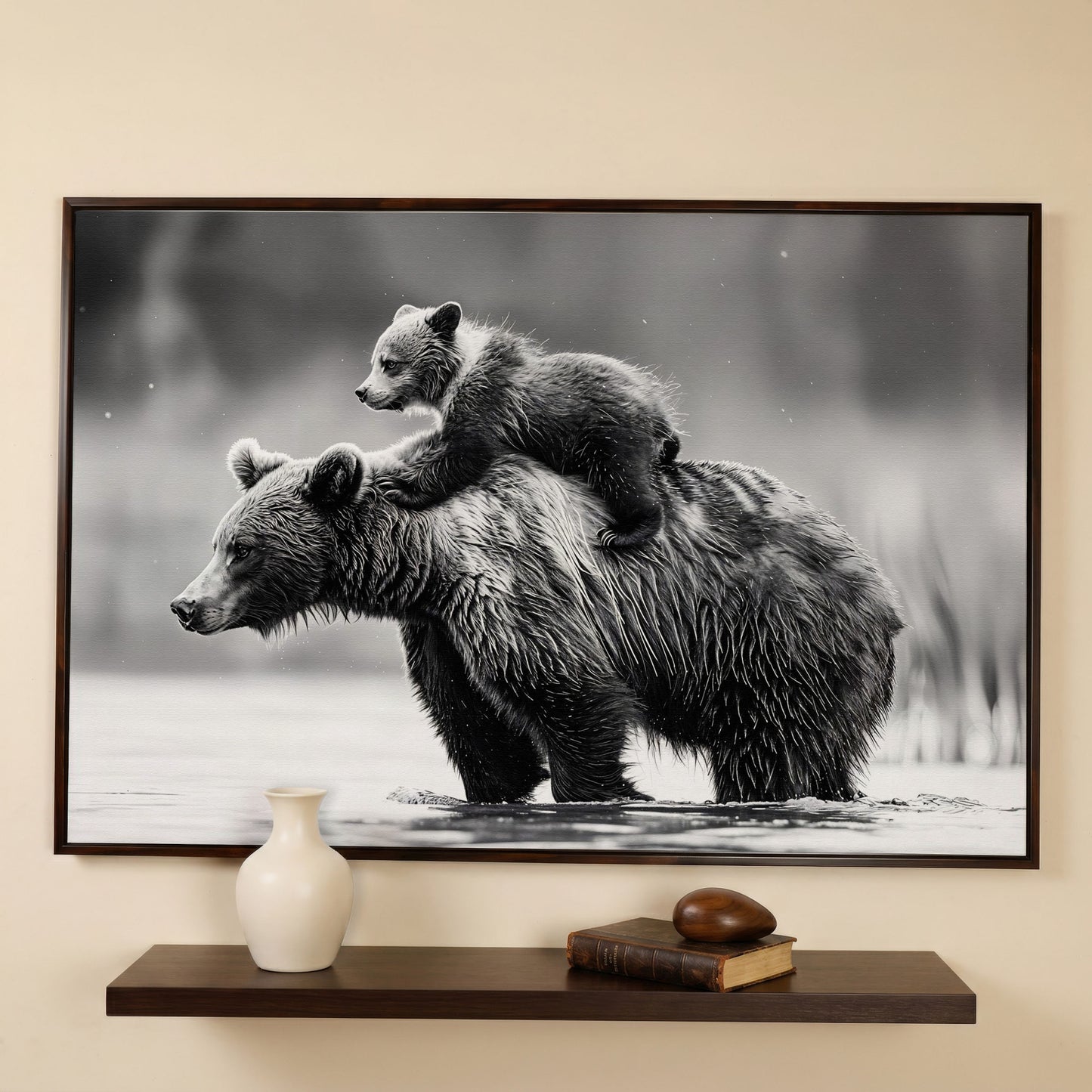 Grizzly Bear and Cub Canvas Print in dark walnut floating frame
