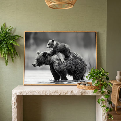 Grizzly Bear and Cub Canvas Print in white oak floating frame