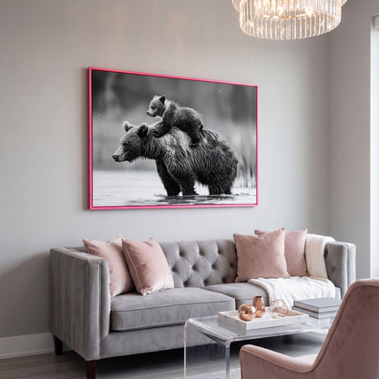 Grizzly Bear and Cub Canvas Print in pink floating frame