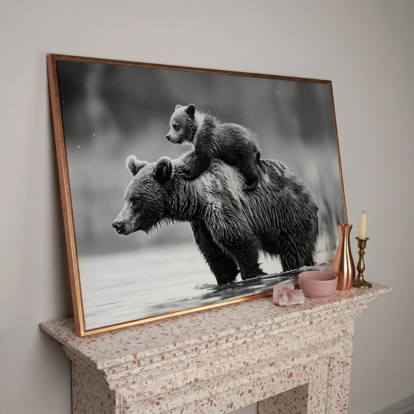 Grizzly Bear and Cub Canvas Print in rose gold floating frame