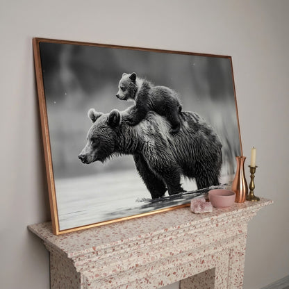 Grizzly Bear and Cub Canvas Print in rose gold floating frame