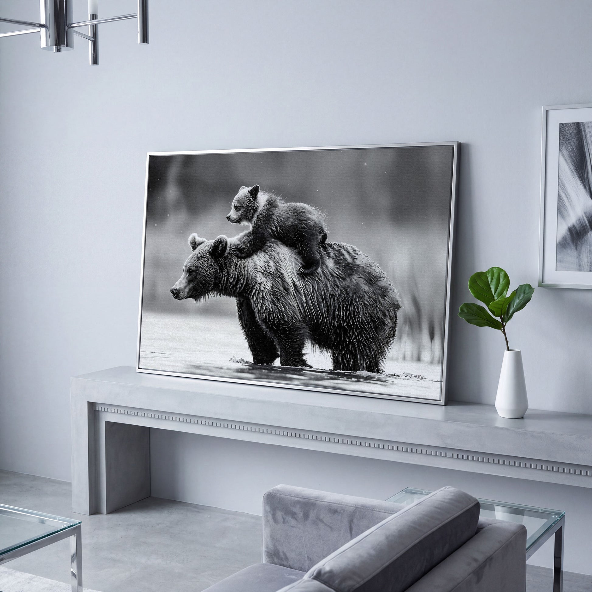 Grizzly Bear and Cub Canvas Print in silver floating frame