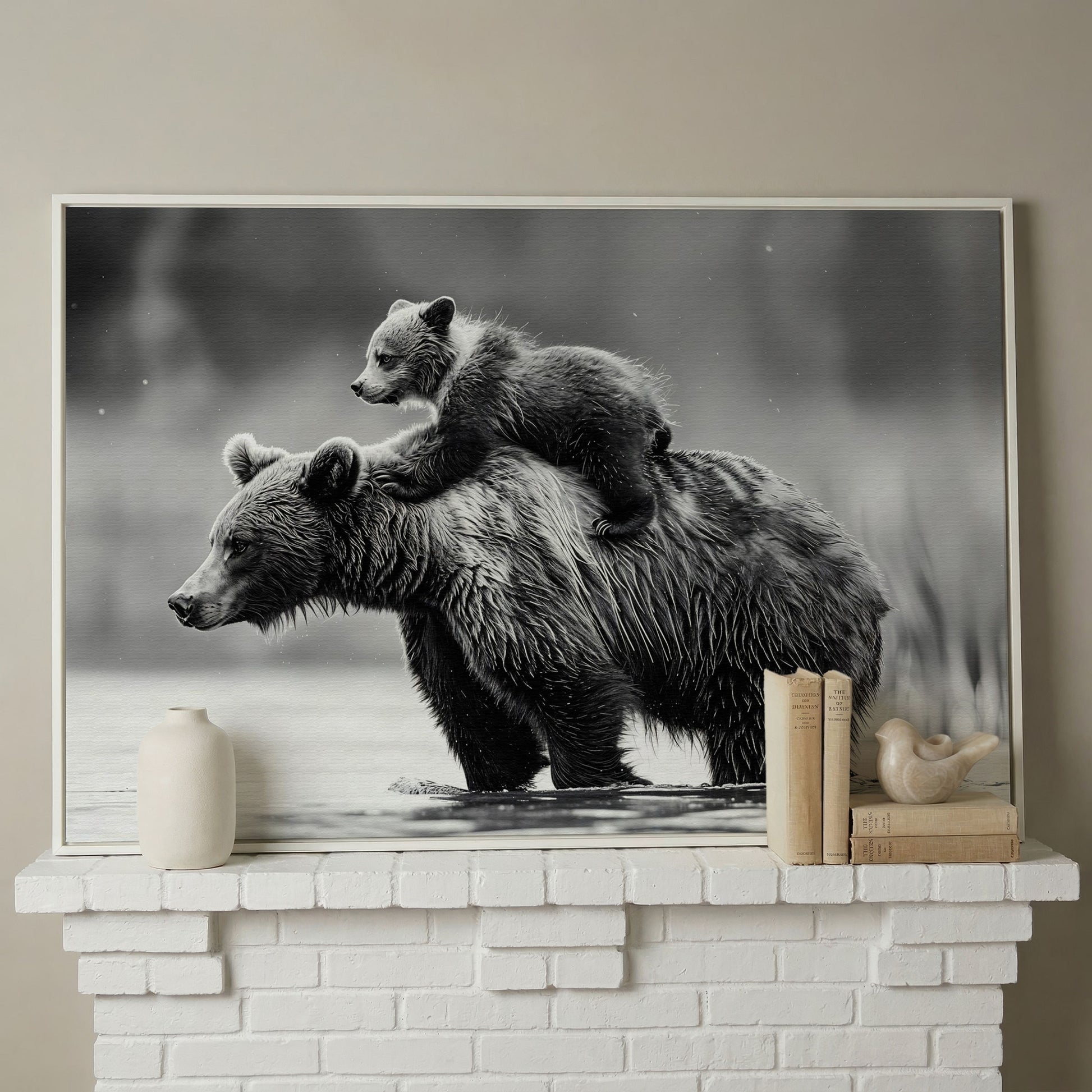Grizzly Bear and Cub Canvas Print in white floating frame
