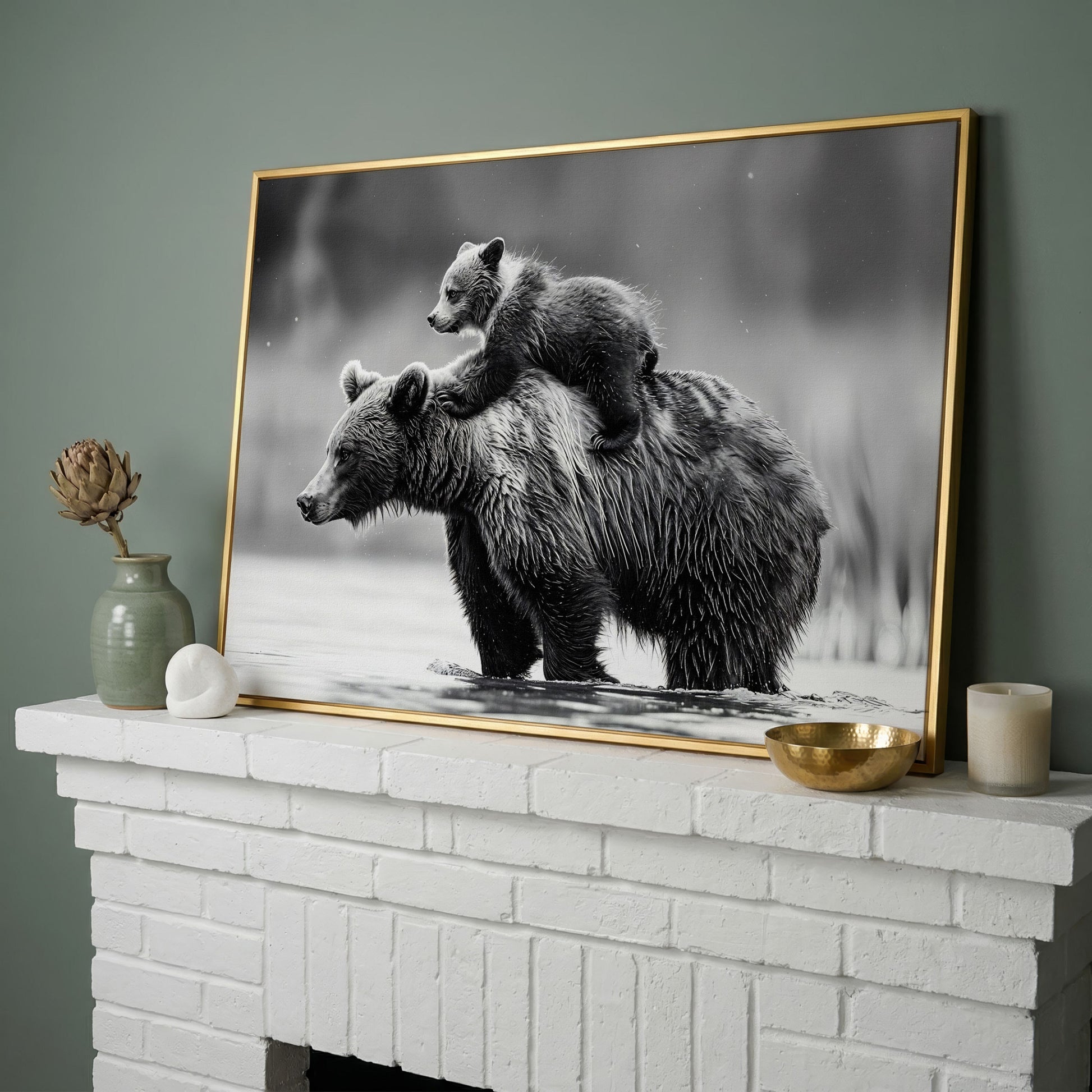 Grizzly Bear and Cub Canvas Print in yellow gold floating frame