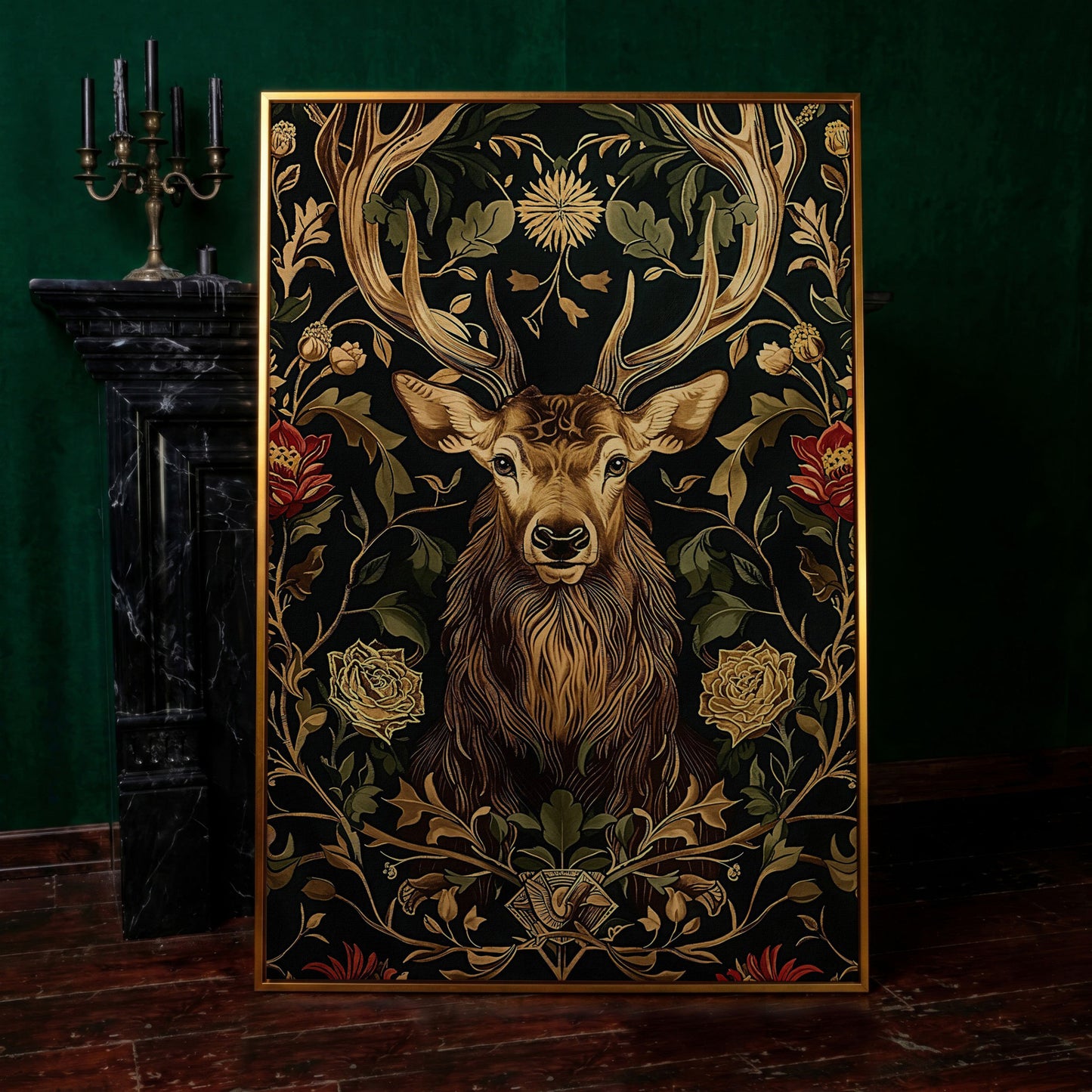 Stag with Florals Canvas Print in antique gold floating frame