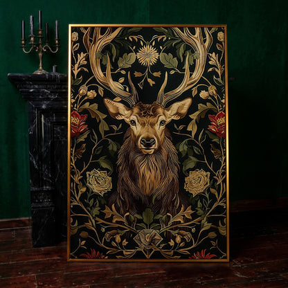Stag with Florals Canvas Print in antique gold floating frame