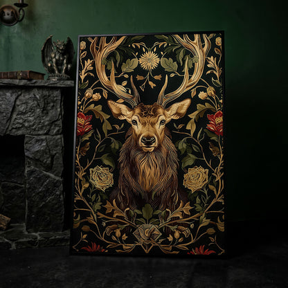 Stag with Florals Canvas Print in black floating frame