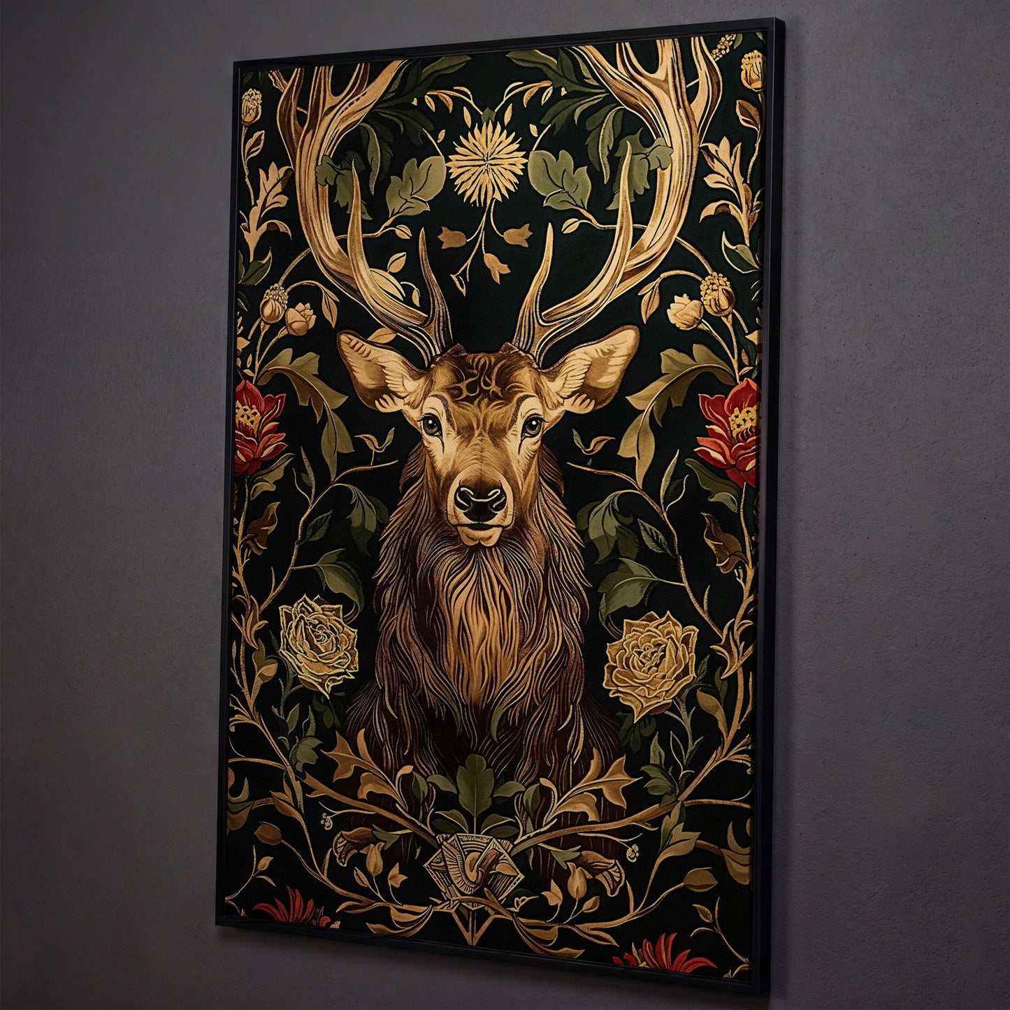 Stag with Florals Canvas Print shown in black floating frame