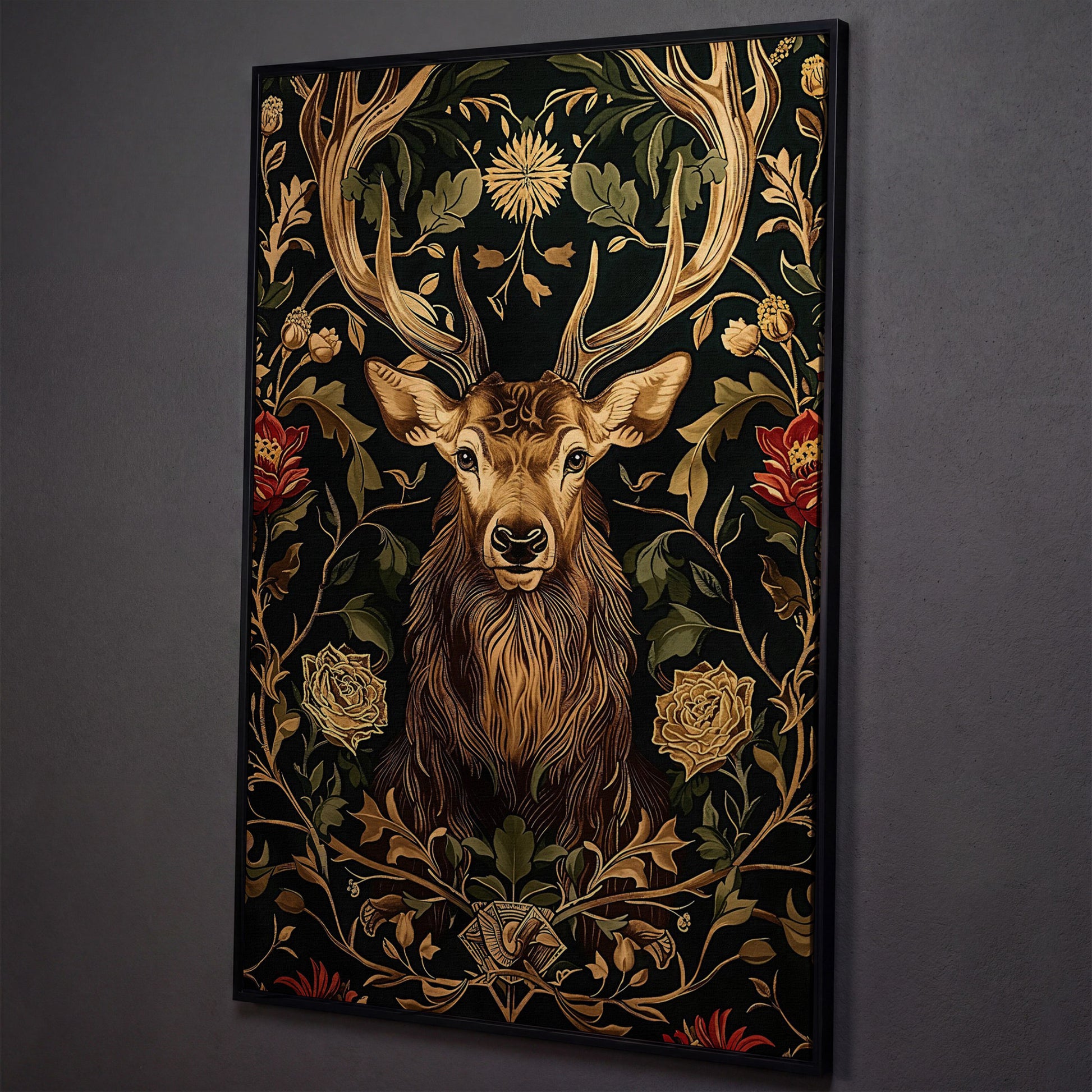 Stag with Florals Canvas Print shown in black floating frame