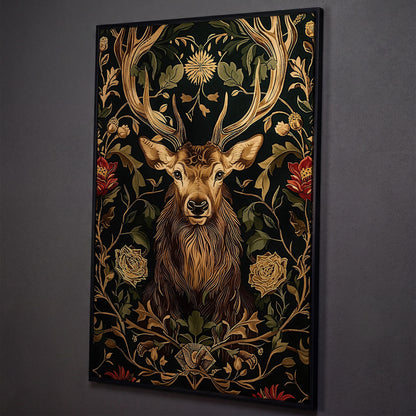 Stag with Florals Canvas Print shown in black floating frame