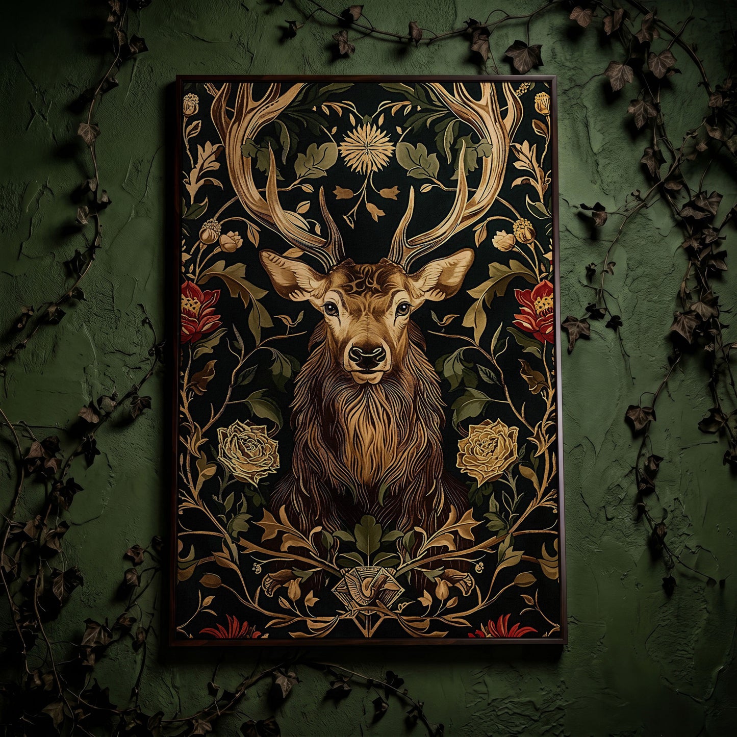 Stag with Florals Canvas Print in dark walnut floating frame