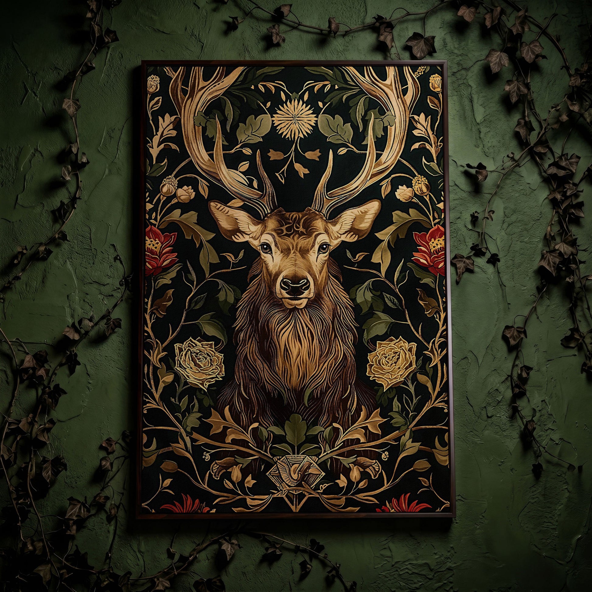 Stag with Florals Canvas Print in dark walnut floating frame