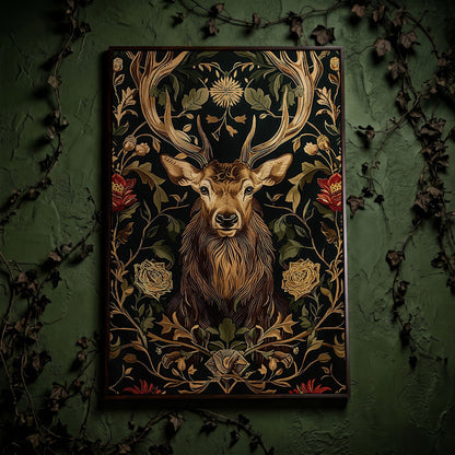 Stag with Florals Canvas Print in dark walnut floating frame
