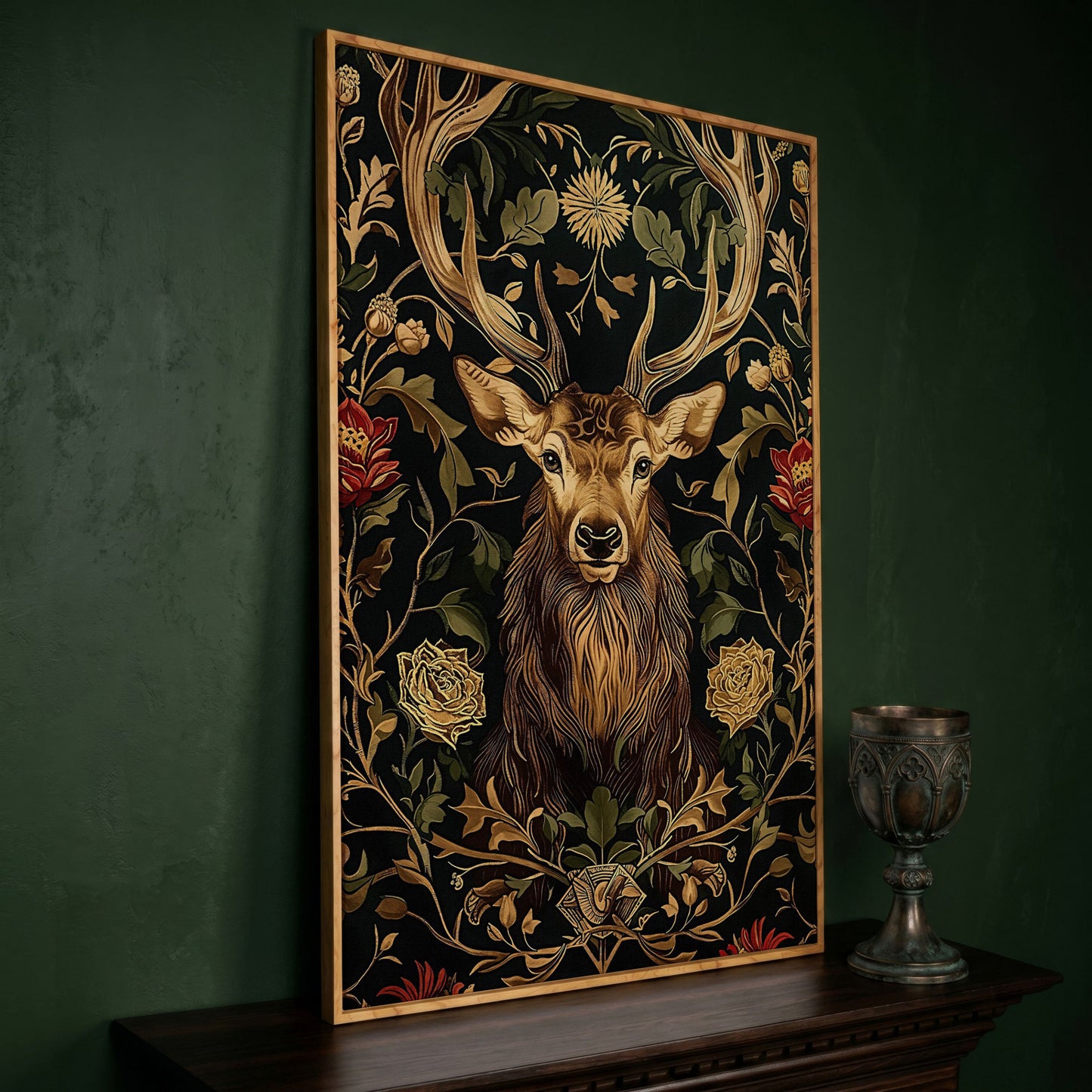 Stag with Florals Canvas Print in white oak floating frame