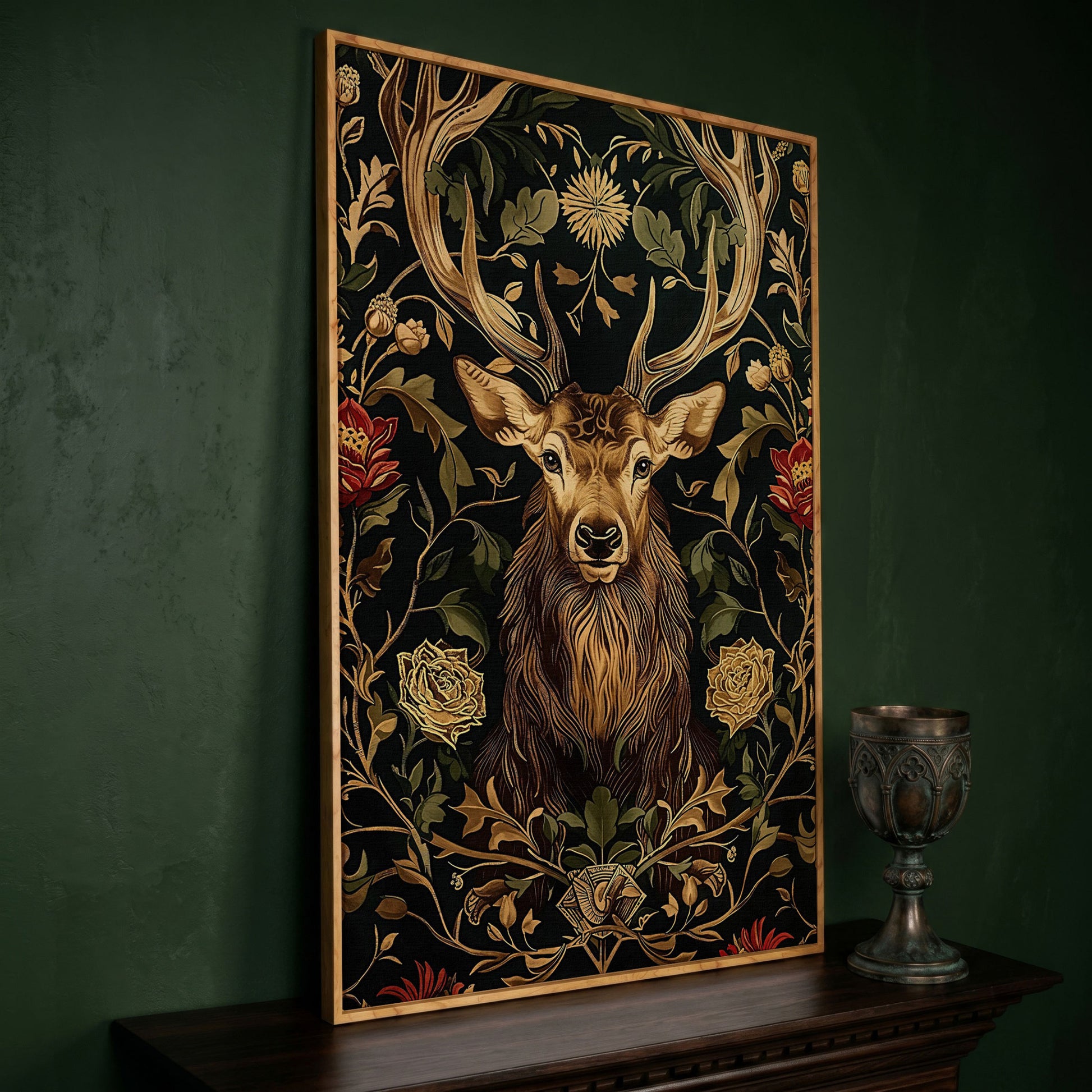 Stag with Florals Canvas Print in white oak floating frame
