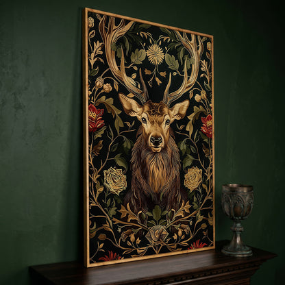 Stag with Florals Canvas Print in white oak floating frame