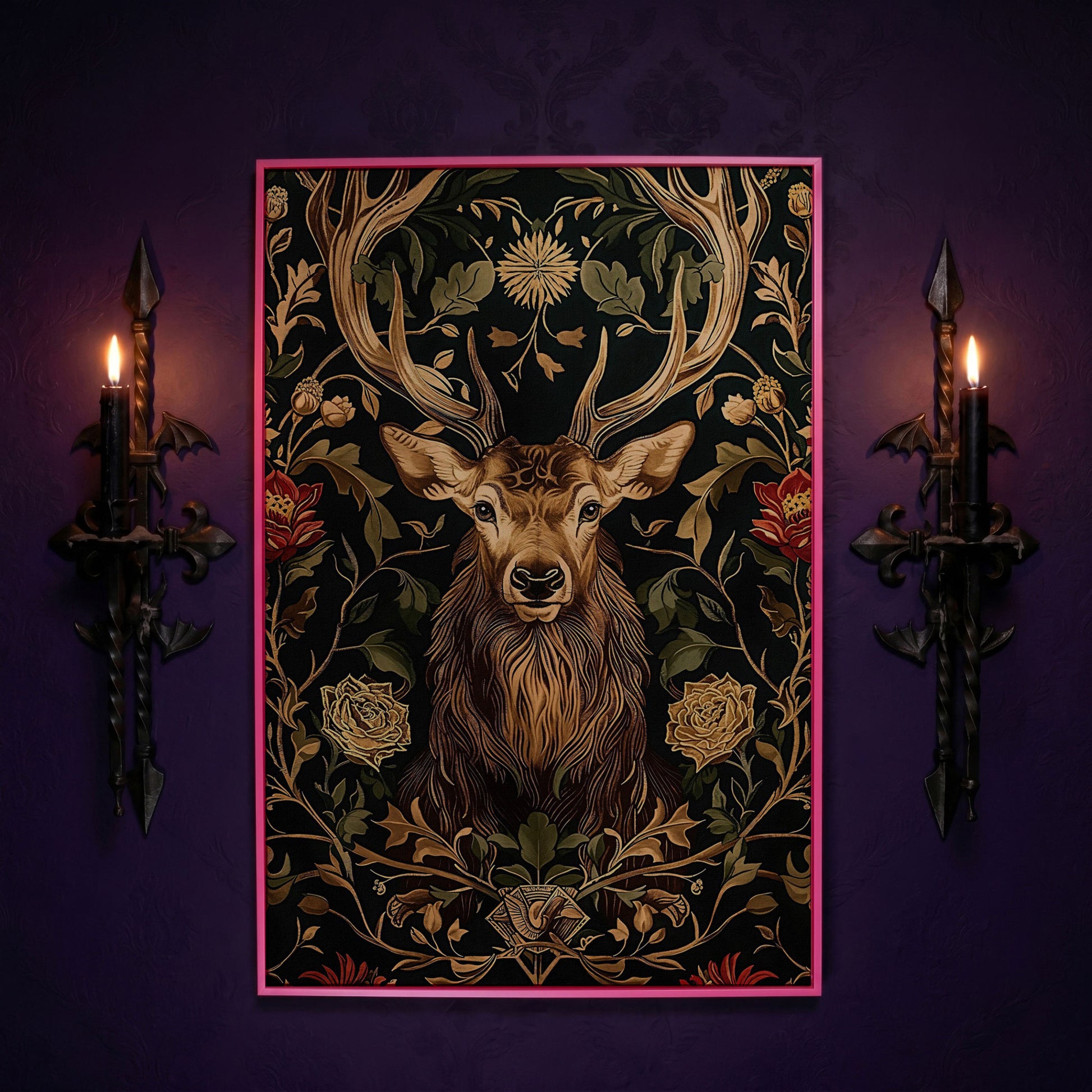 Stag with Florals Canvas Print in pink floating frame