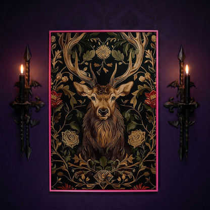 Stag with Florals Canvas Print in pink floating frame