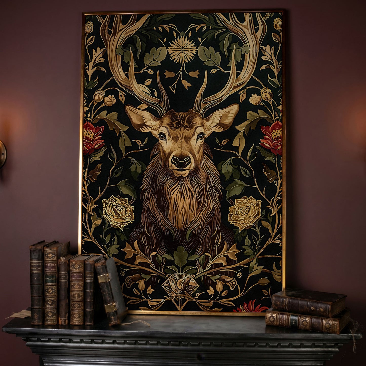 Stag with Florals Canvas Print in rose gold floating frame