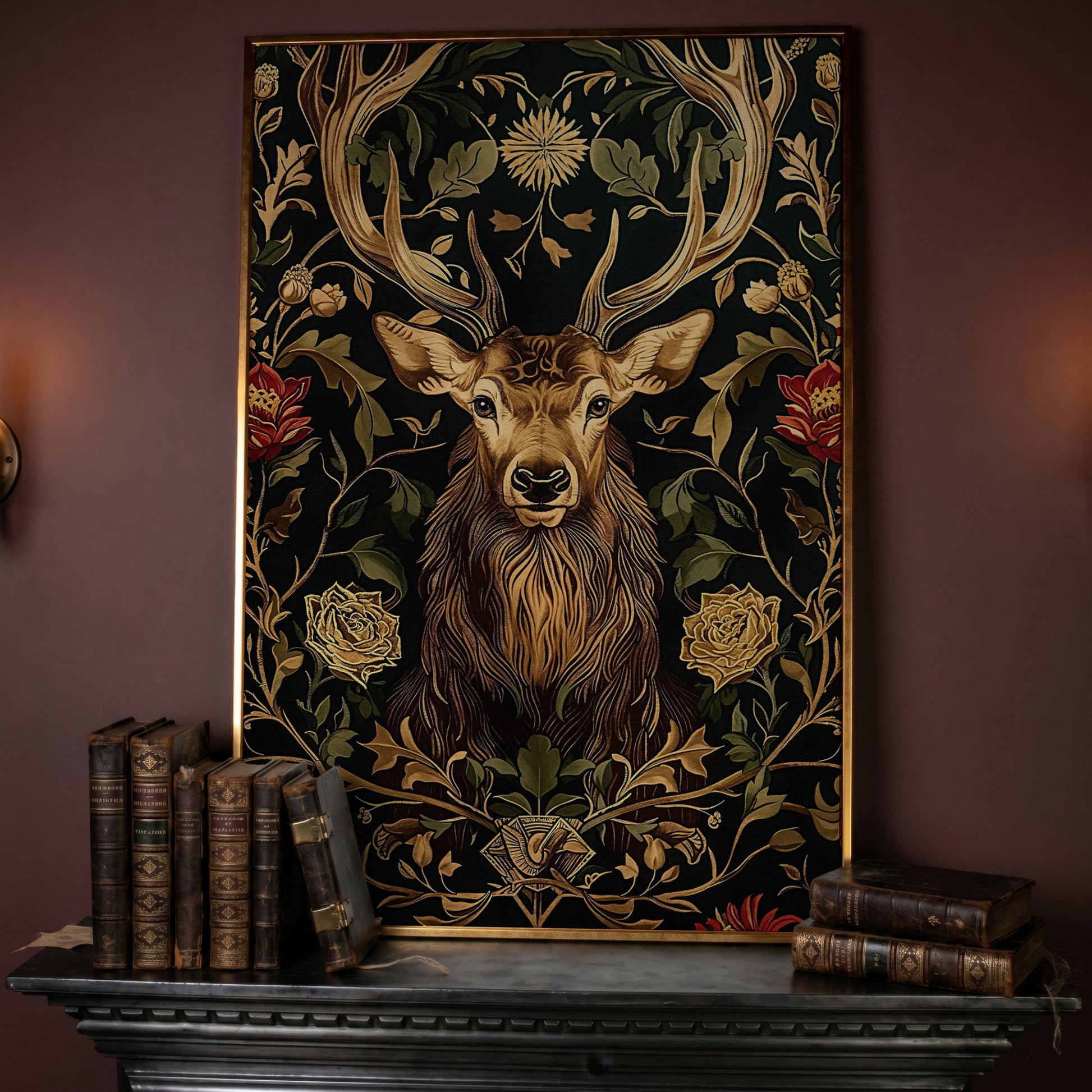 Stag with Florals Canvas Print in rose gold floating frame