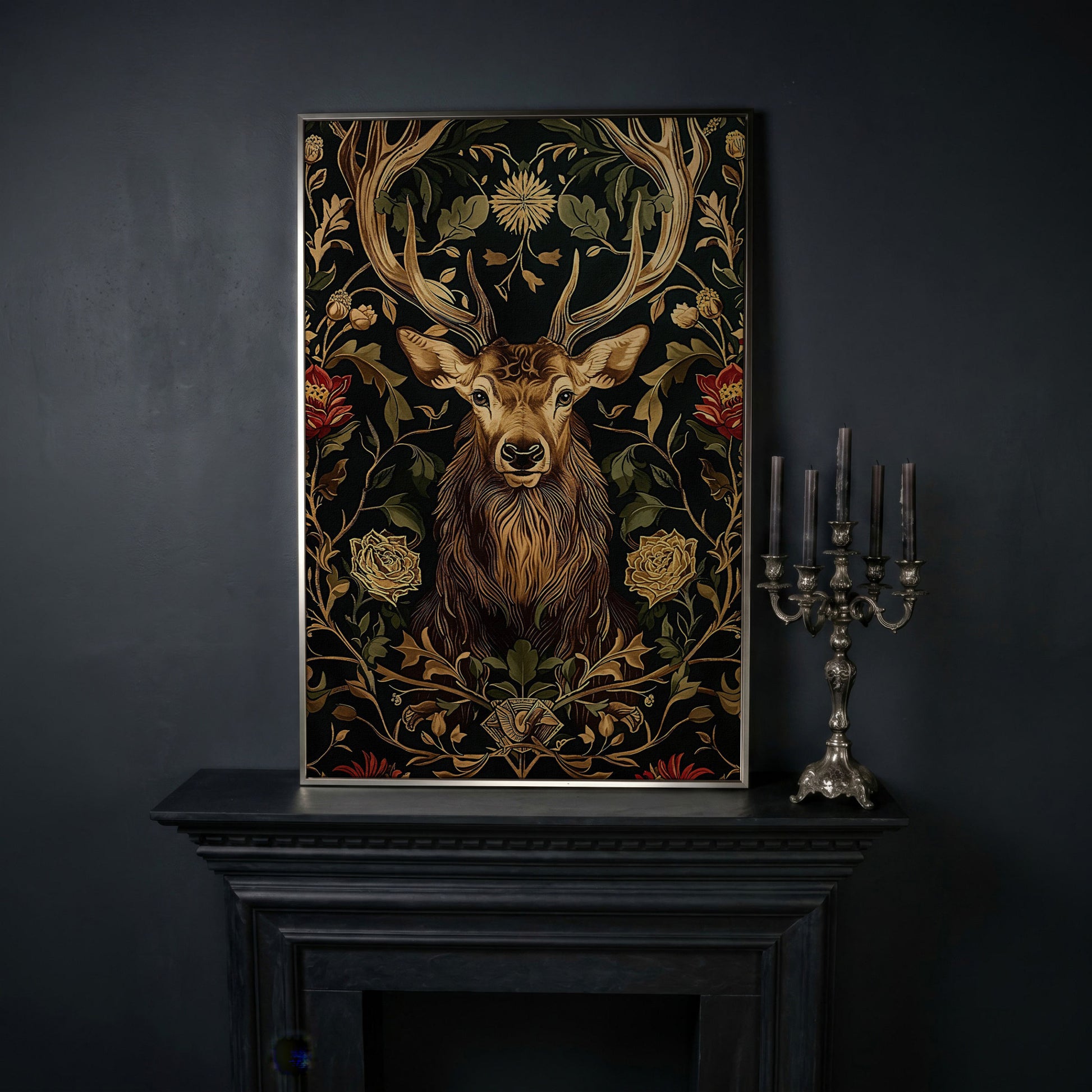 Stag with Florals Canvas Print in silver floating frame