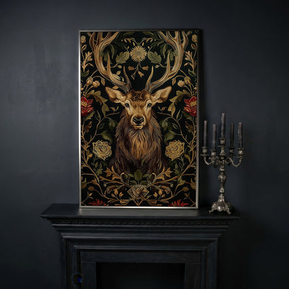 Stag with Florals Canvas Print in silver floating frame