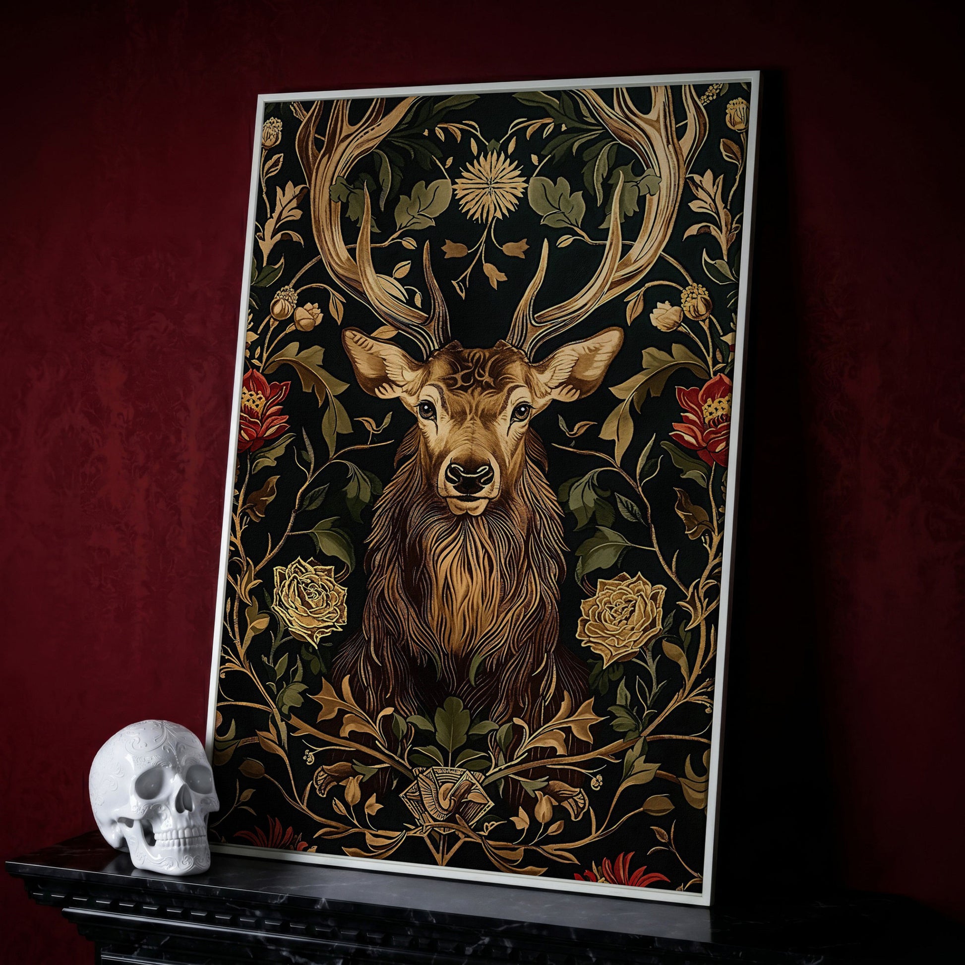Stag with Florals Canvas Print in white floating frame