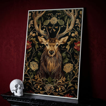 Stag with Florals Canvas Print in white floating frame