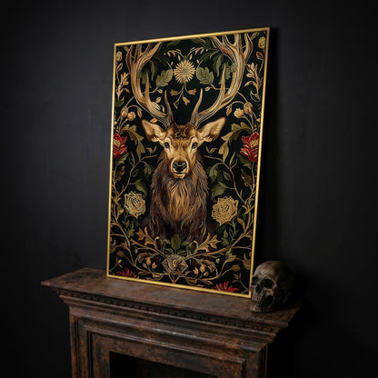 Stag with Florals Canvas Print in yellow gold floating frame