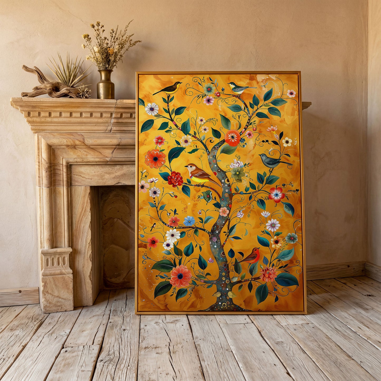 Birds on Golden Blooming Tree Canvas Print in antique gold floating frame