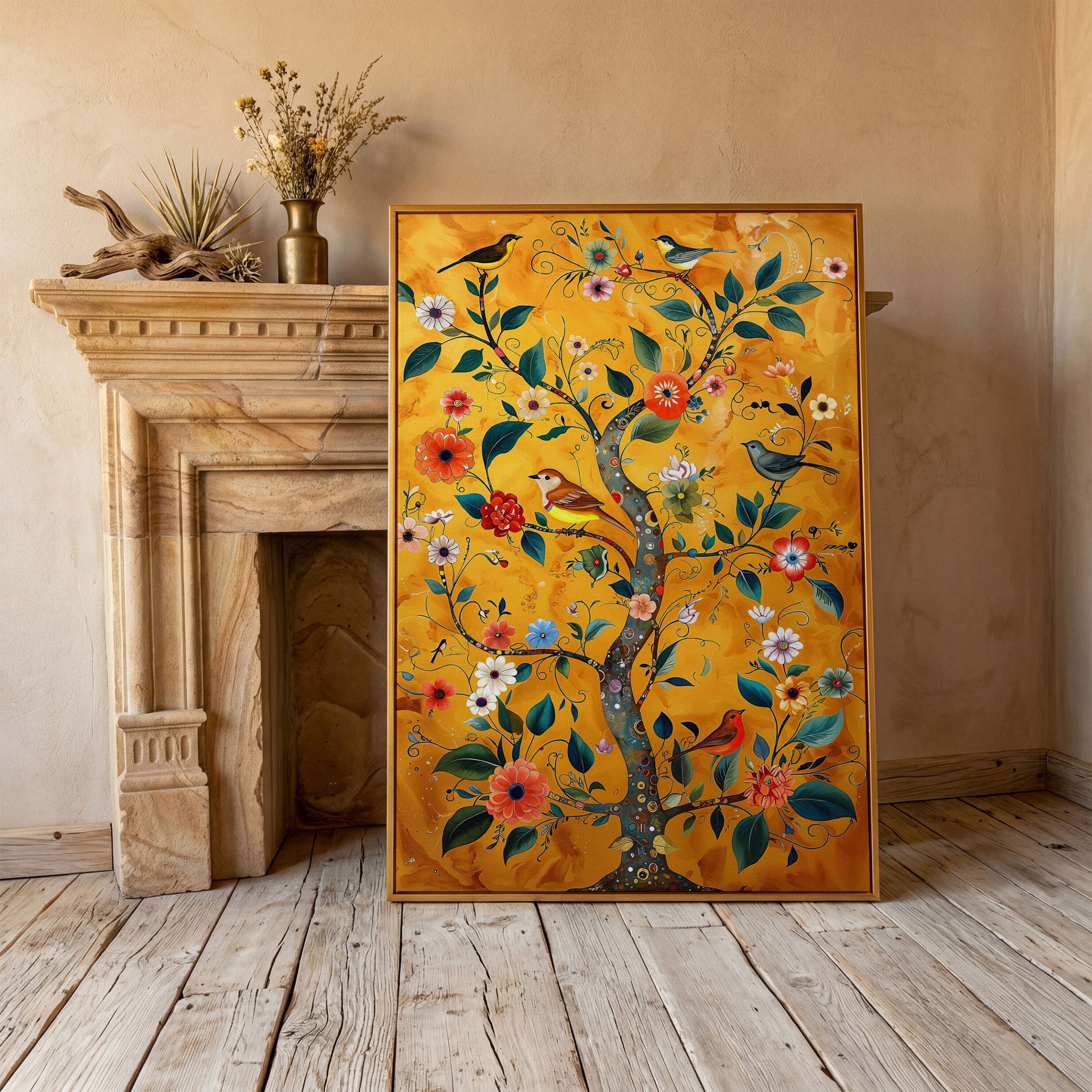 Birds on Golden Blooming Tree Canvas Print in antique gold floating frame