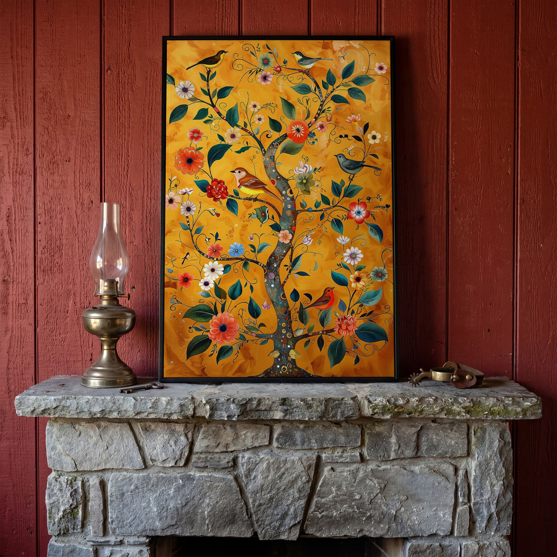 Birds on Golden Blooming Tree Canvas Print in black floating frame