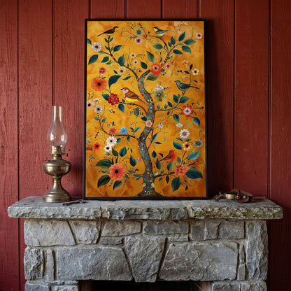 Birds on Golden Blooming Tree Canvas Print in black floating frame