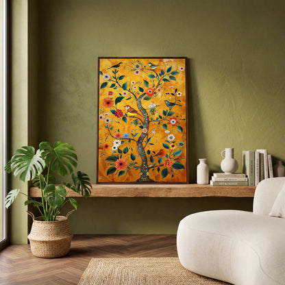 Birds on Golden Blooming Tree Canvas Print in dark walnut floating frame