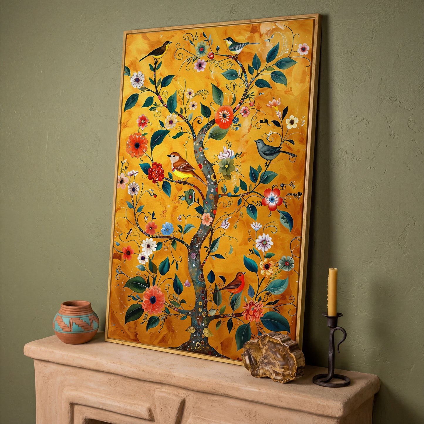 Birds on Golden Blooming Tree Canvas Print in white oak floating frame