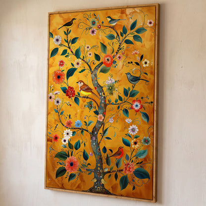 Birds on Golden Blooming Tree Canvas Print shown in white oak floating frame