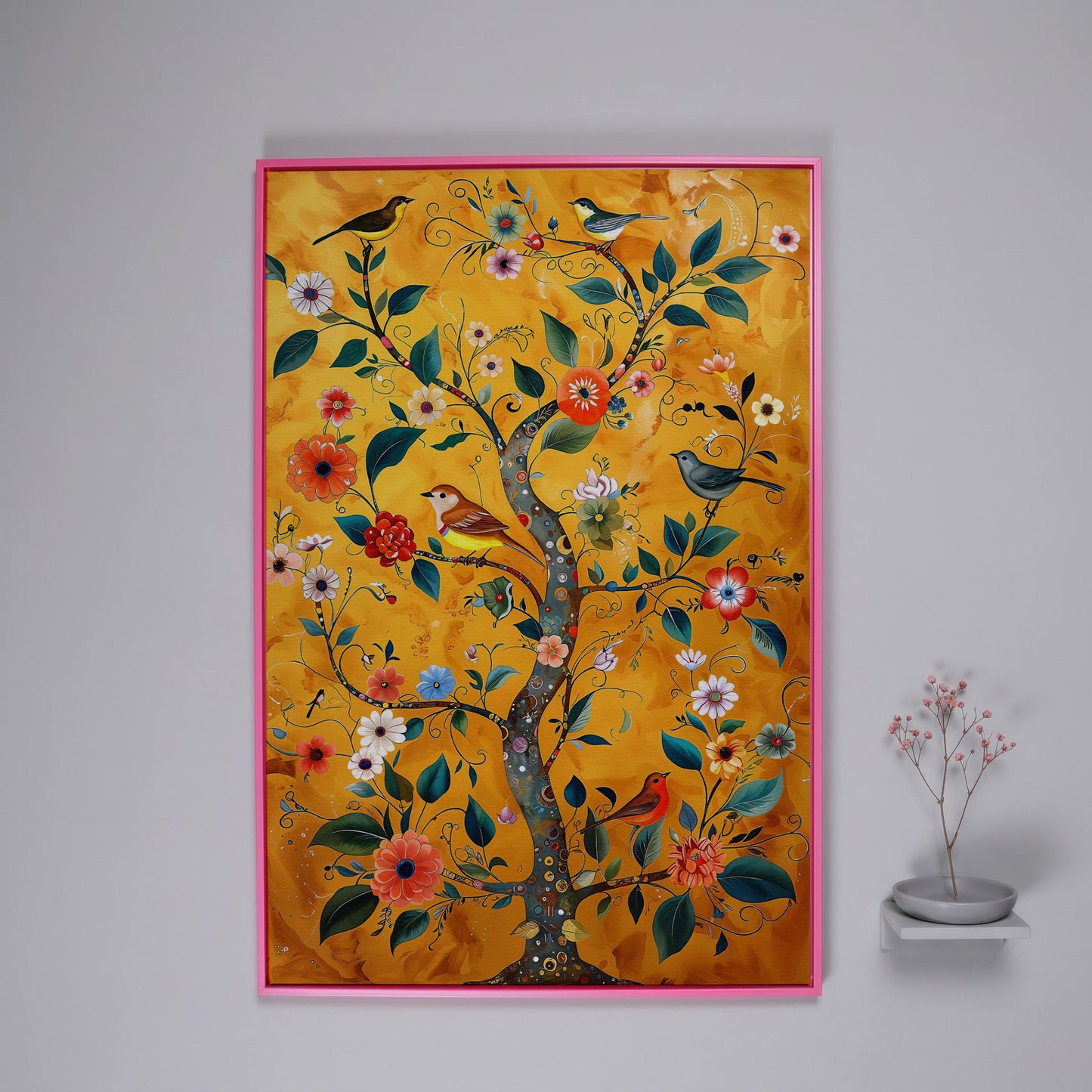 Birds on Golden Blooming Tree Canvas Print in pink floating frame