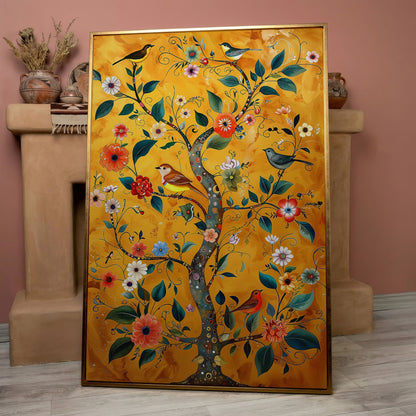 Birds on Golden Blooming Tree Canvas Print in rose gold floating frame