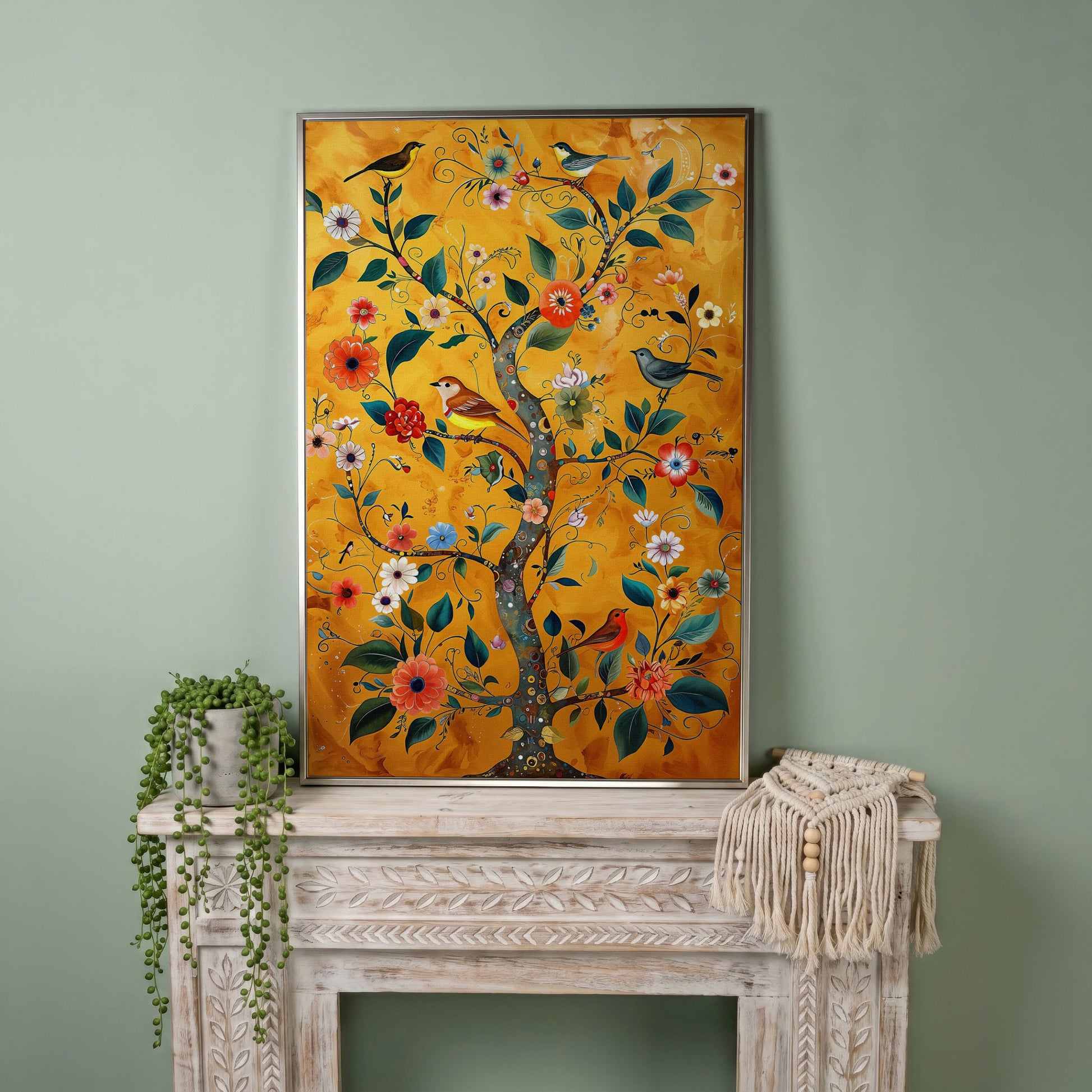 Birds on Golden Blooming Tree Canvas Print in silver floating frame