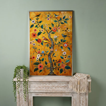 Birds on Golden Blooming Tree Canvas Print in silver floating frame