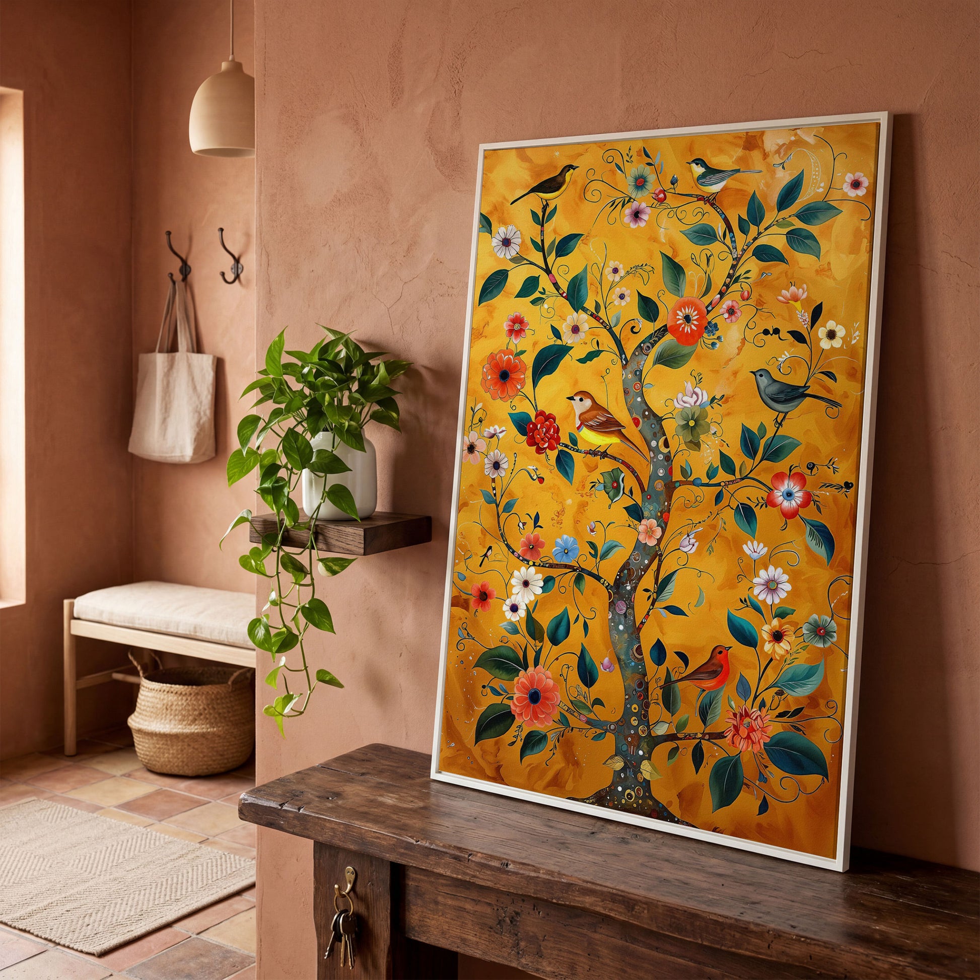 Birds on Golden Blooming Tree Canvas Print in white floating frame