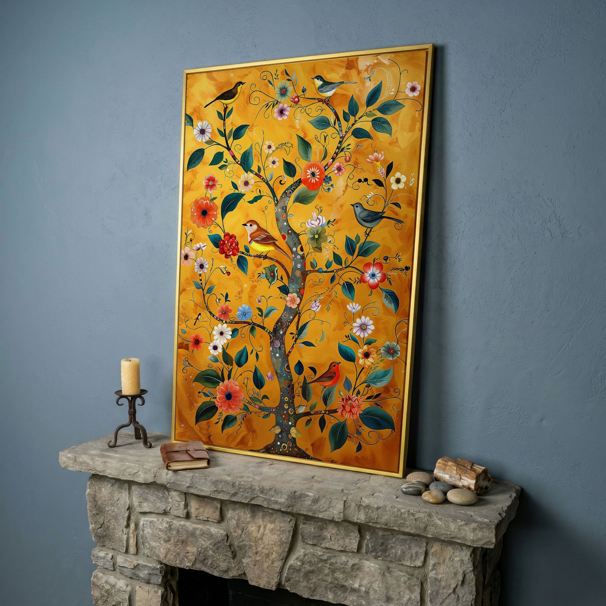 Birds on Golden Blooming Tree Canvas Print in yellow gold floating frame