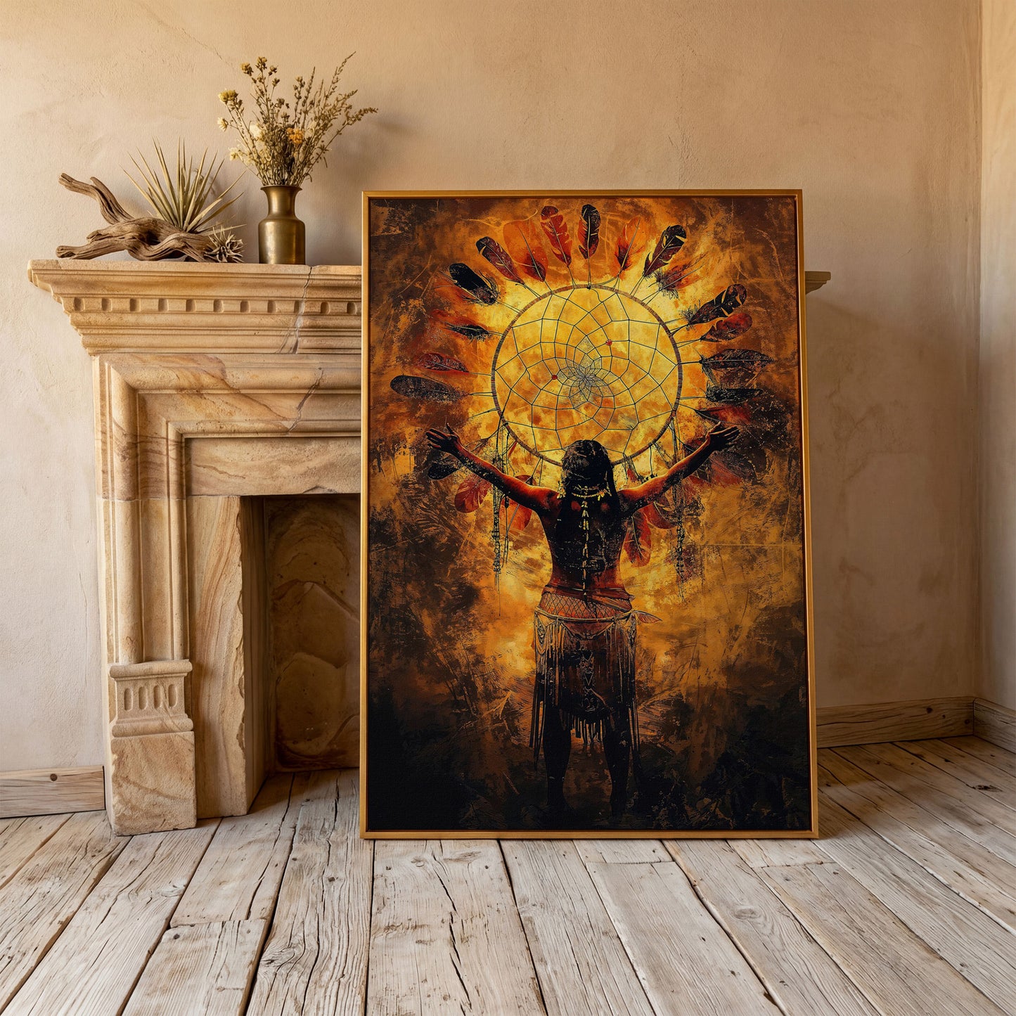 Indigenous Woman and Dreamcatcher Canvas Wall Art in antique gold floating frame