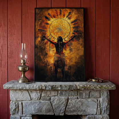 Indigenous Woman and Dreamcatcher Canvas Wall Art in black floating frame